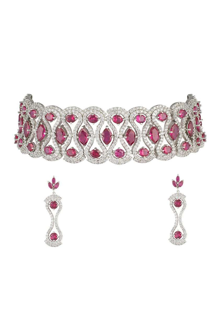 Silver Plated Choker Necklace And Earrings Set With Faux Diamonds And Rubies In Modern Design By Aster