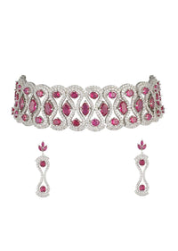 Silver Plated Choker Necklace And Earrings Set With Faux Diamonds And Rubies In Modern Design By Aster