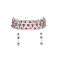 Silver Plated Choker Necklace And Earrings Set With Faux Diamonds And Rubies In Modern Design By Aster
