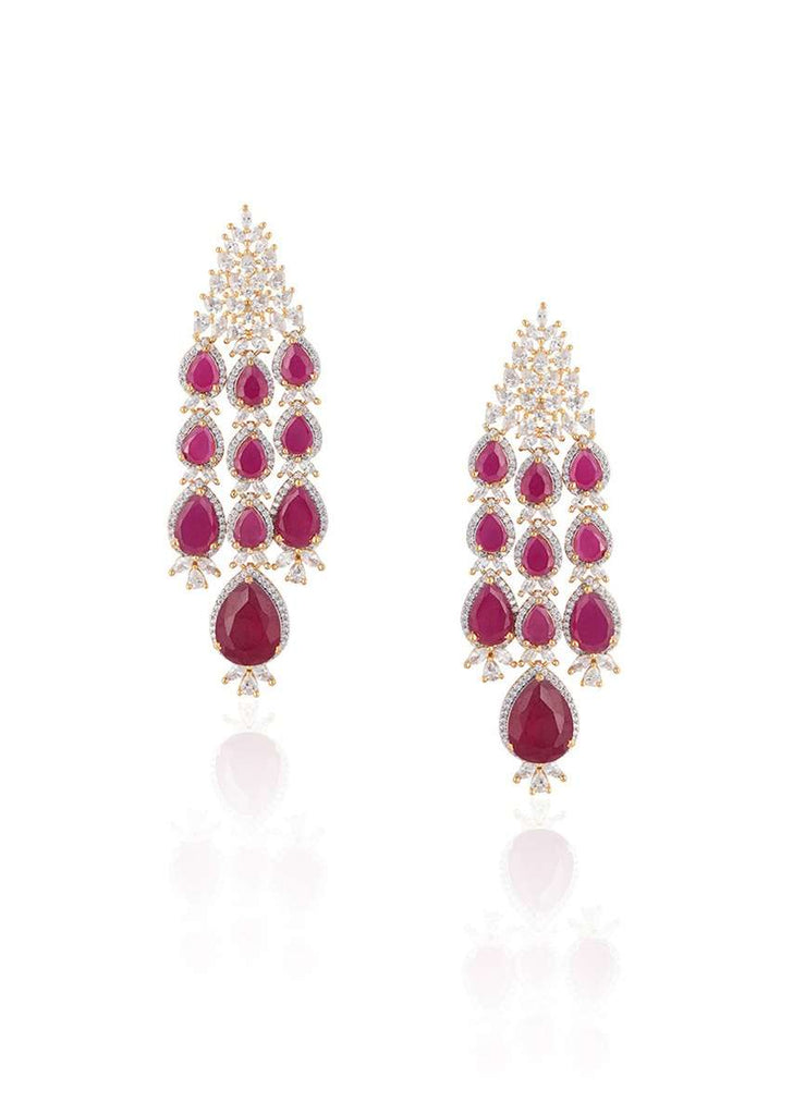 Silver Plated Earrings With Faux Diamonds And Ruby Stones In Modern Design By Aster