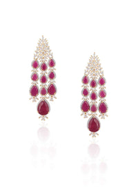 Silver Plated Earrings With Faux Diamonds And Ruby Stones In Modern Design By Aster