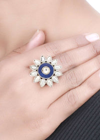 Silver Ring With Blue Gemstones And White Beads In Floral Pattern Made In Sterling Silver By Sangeeta Boochra