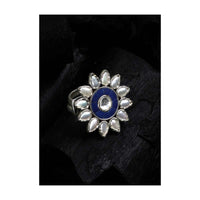 Silver Ring With Blue Gemstones And White Beads In Floral Pattern Made In Sterling Silver By Sangeeta Boochra