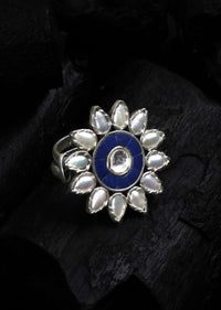 Silver Ring With Blue Gemstones And White Beads In Floral Pattern Made In Sterling Silver By Sangeeta Boochra