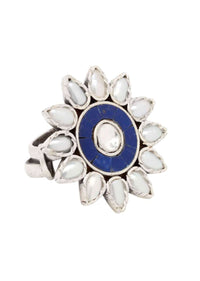 Silver Ring With Blue Gemstones And White Beads In Floral Pattern Made In Sterling Silver By Sangeeta Boochra