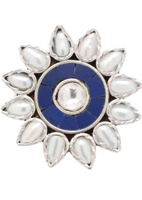 Silver Ring With Blue Gemstones And White Beads In Floral Pattern Made In Sterling Silver By Sangeeta Boochra