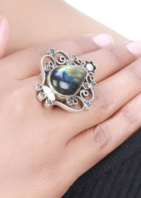 Silver Ring With Labradorite Gemstone In Vintage Pattern Made In Sterling Silver By Sangeeta Boochra