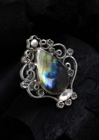 Silver Ring With Labradorite Gemstone In Vintage Pattern Made In Sterling Silver By Sangeeta Boochra