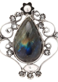 Silver Ring With Labradorite Gemstone In Vintage Pattern Made In Sterling Silver By Sangeeta Boochra