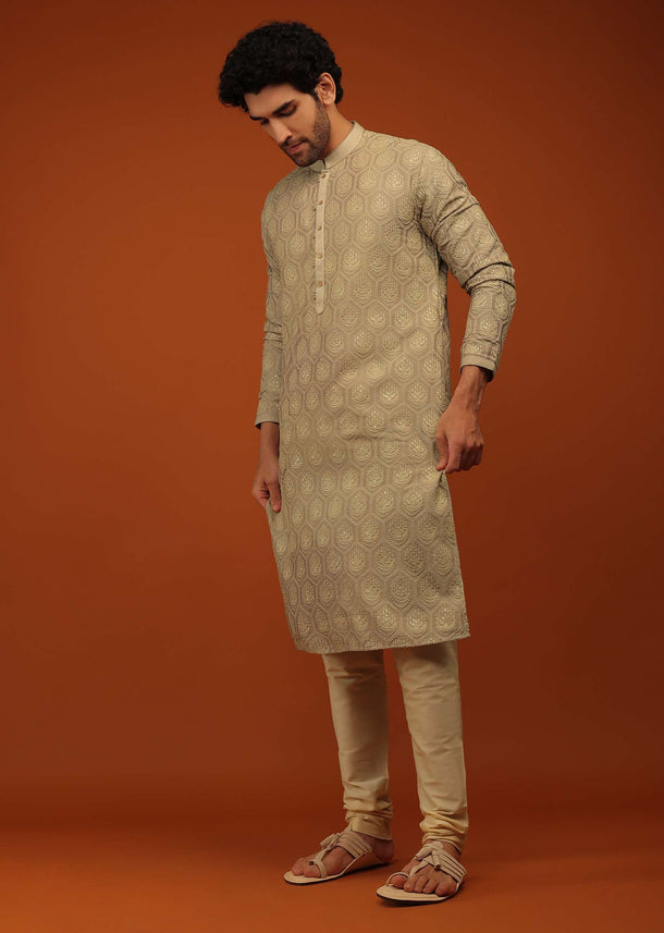 Beige Kurta Set In Lucknowi Embroidery