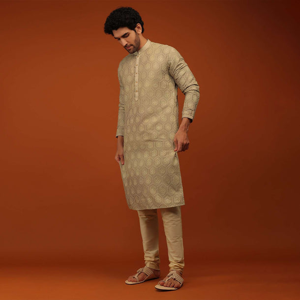 Beige Kurta Set In Lucknowi Embroidery