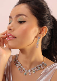 Silver Stone Studded White, Pink, And Green Necklace With Earrings