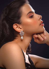Silver Stud Earrings With Swarovski Studded Pentagon And Dangling Pearl