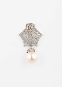 Silver Stud Earrings With Swarovski Studded Pentagon And Dangling Pearl