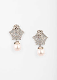 Silver Stud Earrings With Swarovski Studded Pentagon And Dangling Pearl