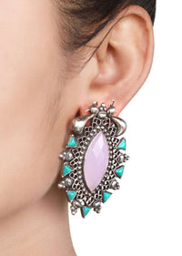 Silver Studs With Pink And Turquoise Gemstones And Carved Peacock Design Made In Sterling Silver By Sangeeta Boochra