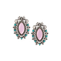 Silver Studs With Pink And Turquoise Gemstones And Carved Peacock Design Made In Sterling Silver By Sangeeta Boochra