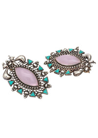 Silver Studs With Pink And Turquoise Gemstones And Carved Peacock Design Made In Sterling Silver By Sangeeta Boochra