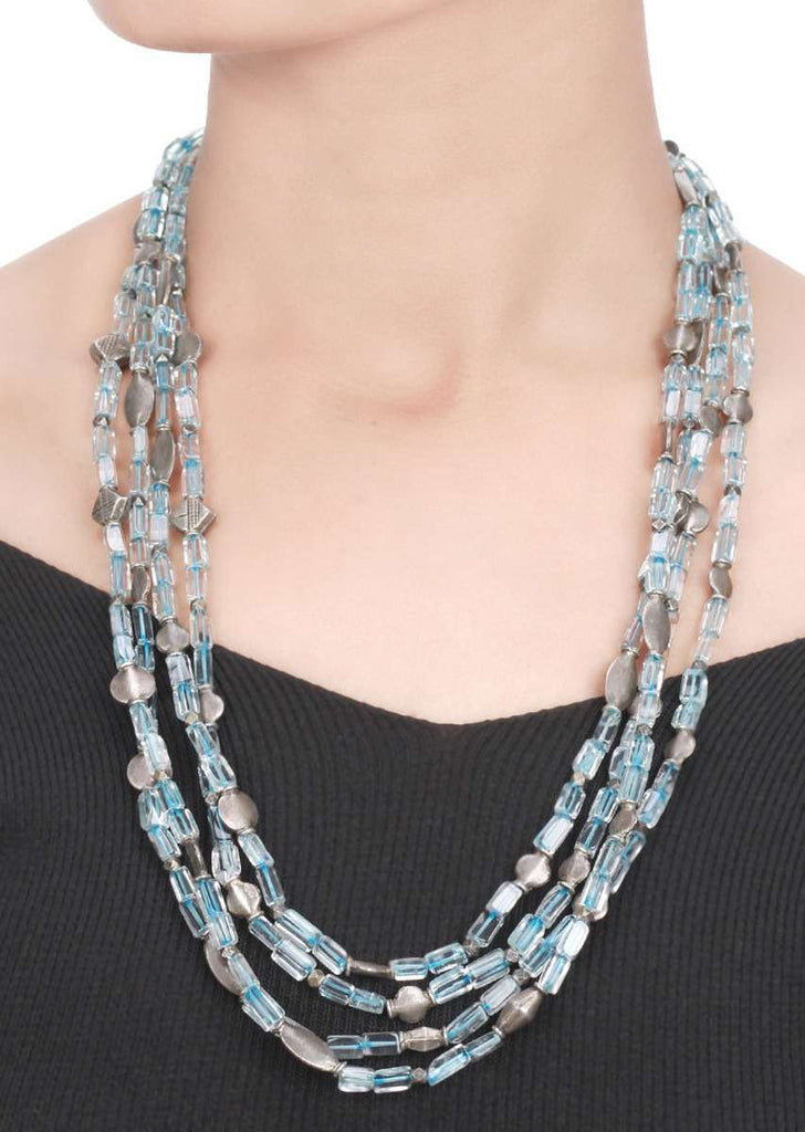 Silver Three Layer Necklace Hand Crafted With Glass Beads Made In Sterling Silver By Sangeeta Boochra