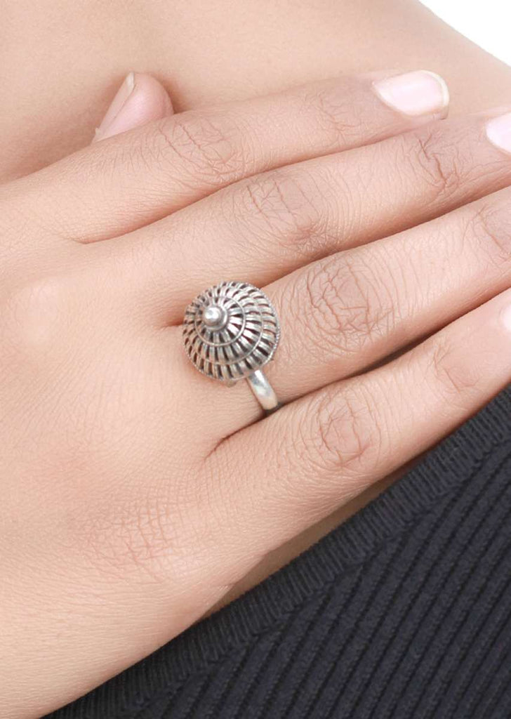 Silver Vintage Ring With Carved Dome Made In Sterling Silver By Sangeeta Boochra