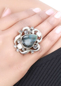 Silver Vintage Ring With Labradorite Gemstone In Drop Shape Made In Sterling Silver By Sangeeta Boochra