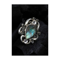 Silver Vintage Ring With Labradorite Gemstone In Drop Shape Made In Sterling Silver By Sangeeta Boochra