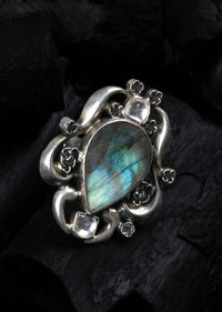 Silver Vintage Ring With Labradorite Gemstone In Drop Shape Made In Sterling Silver By Sangeeta Boochra
