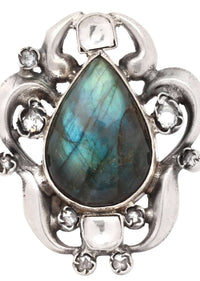 Silver Vintage Ring With Labradorite Gemstone In Drop Shape Made In Sterling Silver By Sangeeta Boochra