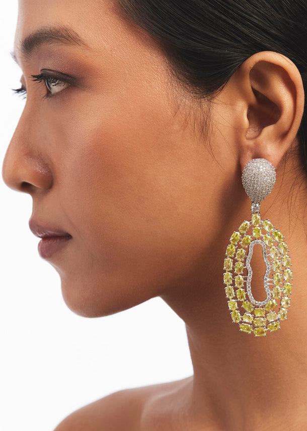 Silver Yellow Zircon Statement Earrings