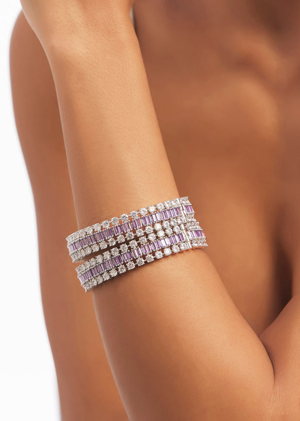 Silver Zircon Bangles Set With Lavender Accents
