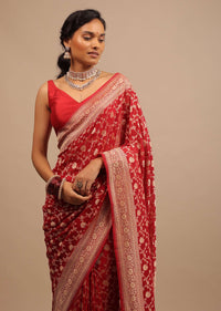 Cherry Red Saree In Georgette With Jaal Work In Golden Zari