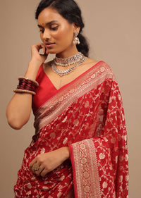 Cherry Red Saree In Georgette With Jaal Work In Golden Zari