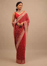 Cherry Red Saree In Georgette With Jaal Work In Golden Zari