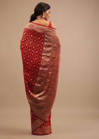 Cherry Red Saree In Georgette With Jaal Work In Golden Zari