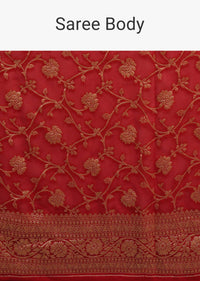 Cherry Red Saree In Georgette With Jaal Work In Golden Zari