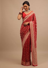 Cherry Red Saree In Georgette With Jaal Work In Golden Zari