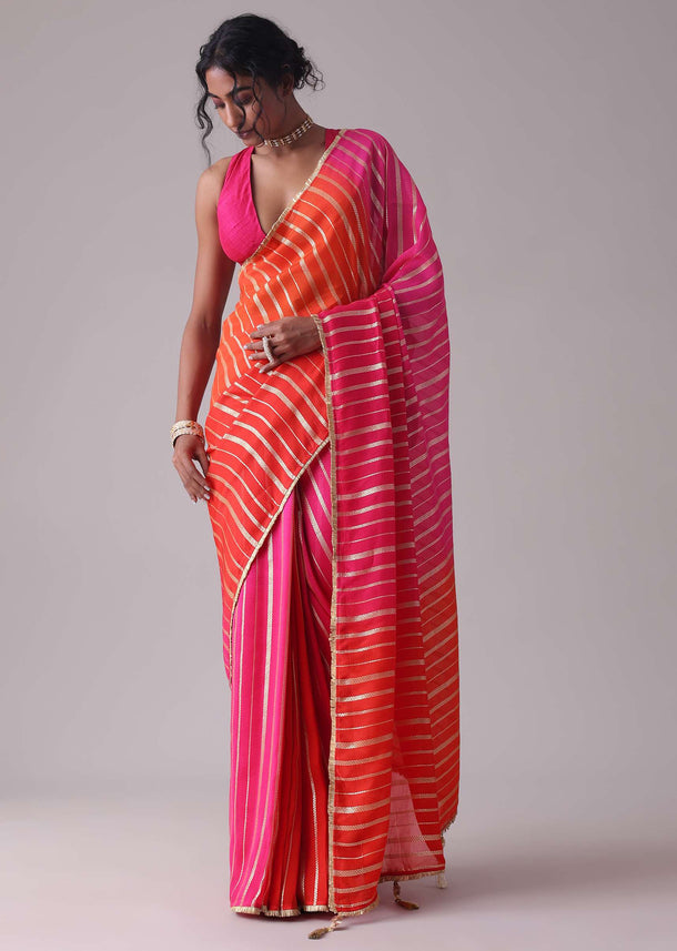 Ski Patrol Red Woven Ombre Saree In Organza