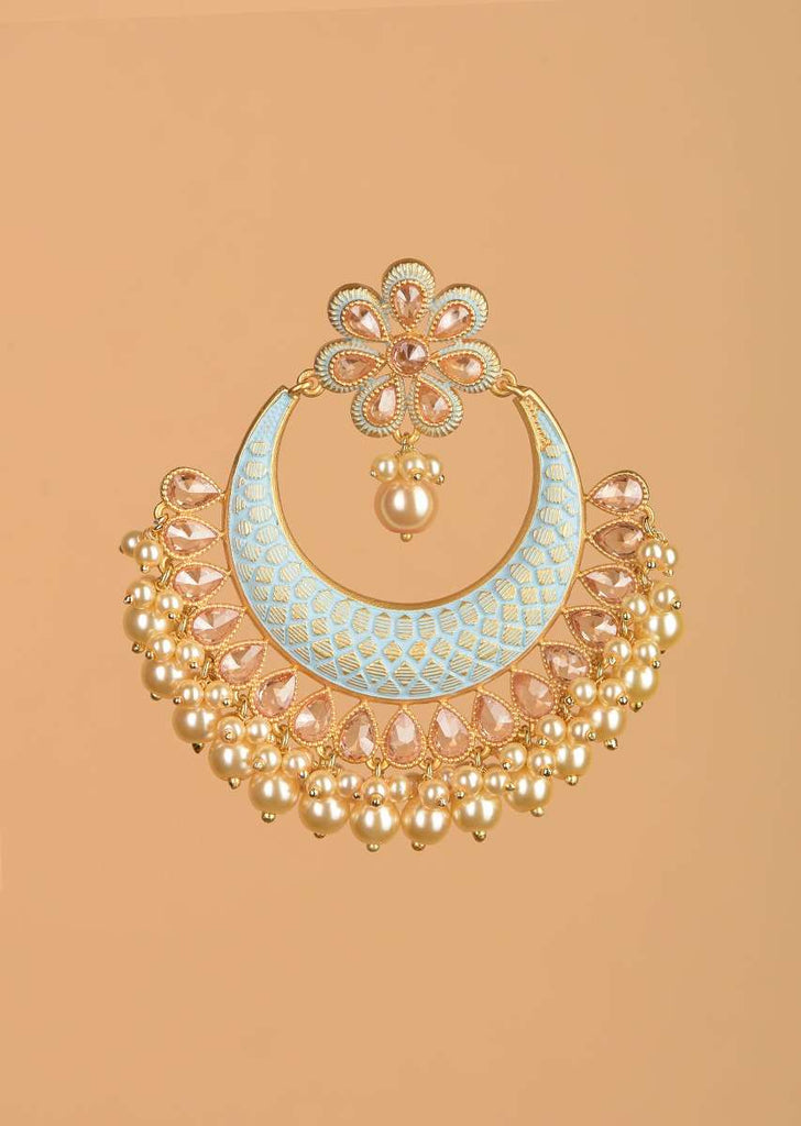 Sky Blue And Gold Plated Chandbalis With Pale Wheat Crystals And Dangling Pearls Online - Kalki Fashion