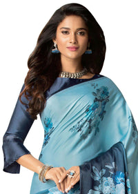 Sky blue and navy blue saree in satin with floral printed digital butti