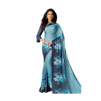 Sky blue and navy blue saree in satin with floral printed digital butti