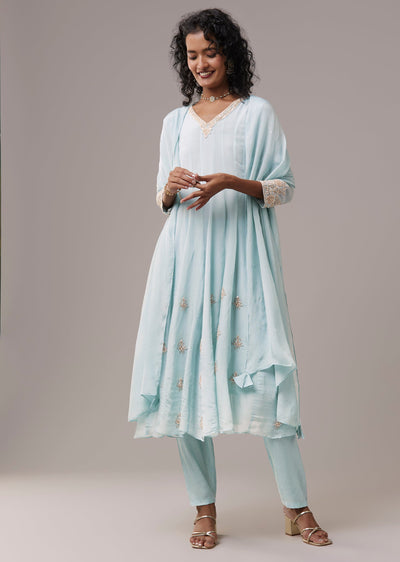 Sky Blue Chinon Embroidered Anarkali Set