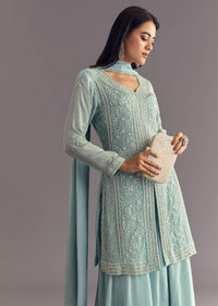 Sky Blue Chinon Kurta Dupatta Set With Moti And Cutdana Work