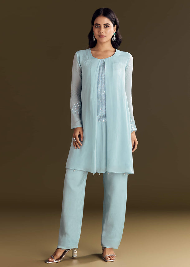 Sky Blue Chinon Kurta Pant Set With Sequins Embroidery