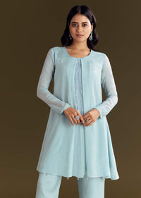 Sky Blue Chinon Kurta Pant Set With Sequins Embroidery