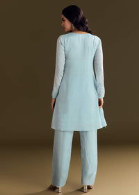 Sky Blue Chinon Kurta Pant Set With Sequins Embroidery
