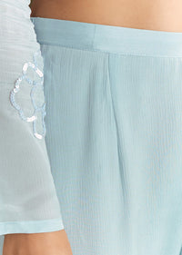 Sky Blue Chinon Kurta Pant Set With Sequins Embroidery