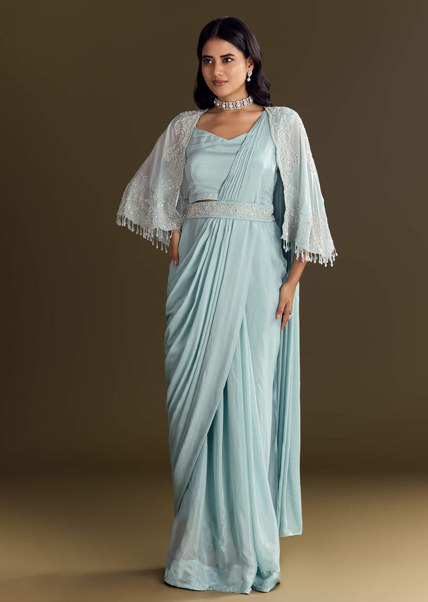 Sky Blue Chinon Pre Draped Saree With Cape And Belt