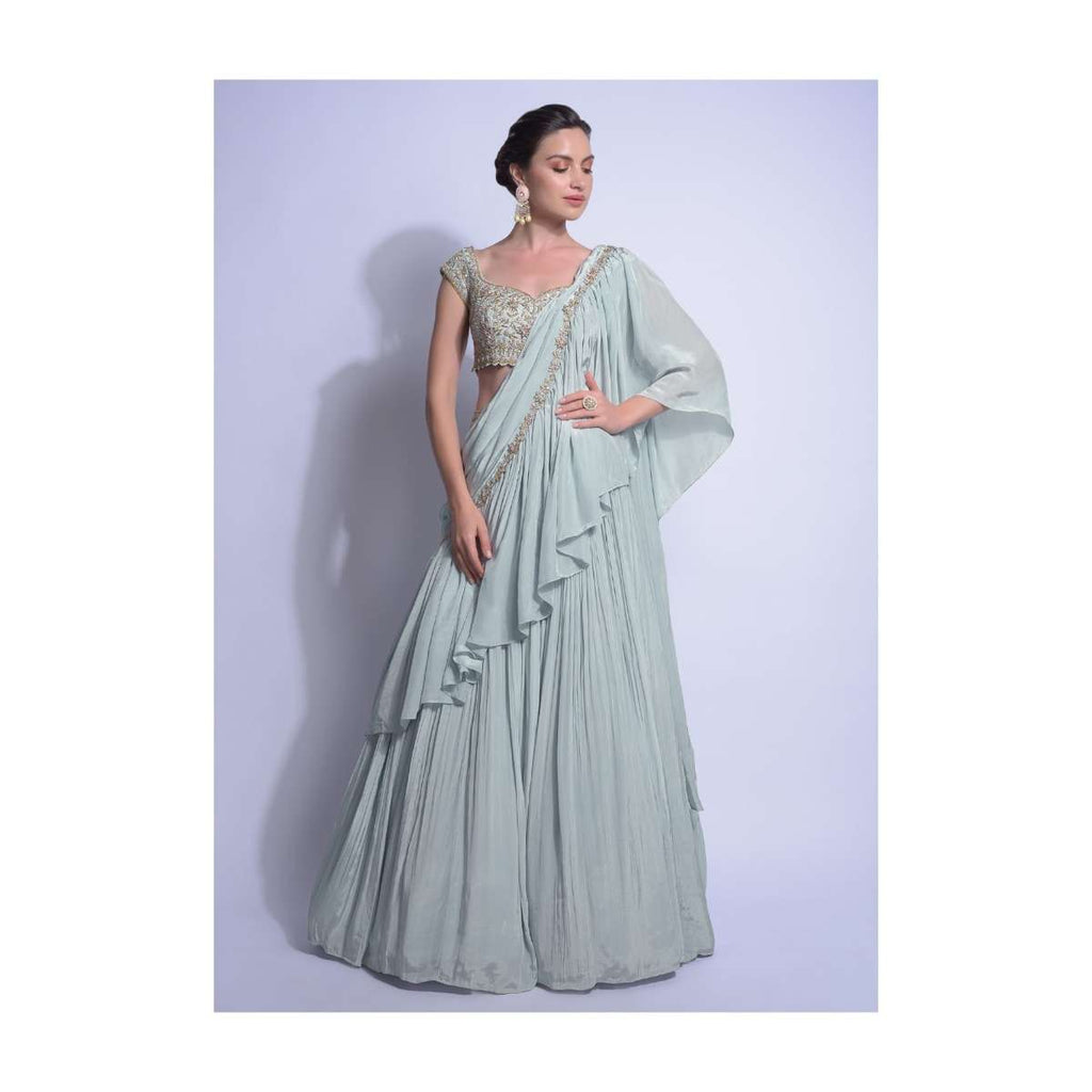 Sky Blue Lehenga With Ready Stitched Ruffle Pallu And Embellished Crop Top Online - Kalki Fashion