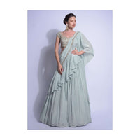 Sky Blue Lehenga With Ready Stitched Ruffle Pallu And Embellished Crop Top Online - Kalki Fashion