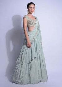 Sky Blue Lehenga With Ready Stitched Ruffle Pallu And Embellished Crop Top Online - Kalki Fashion